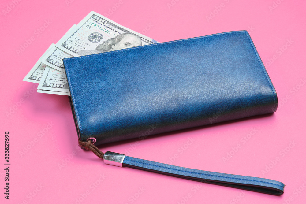 Leather purse and hundred dollar bills on pink background. Minimalistic financial concept of family budget Leather purse and hundred dollar bills on pink background. Minimalistic financial concept of family budget