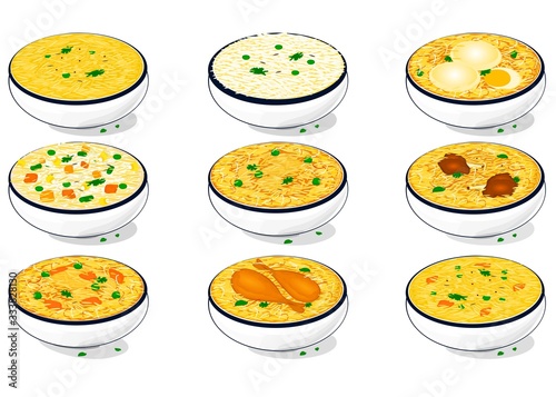 All Rice Dish Like Chicken,egg,Mutton Biryani,Khichdi,Pulao,Fried rice,Veg Biryani Food Vector