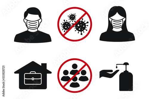 Icon images wearing a mask, Washing your hands, Work from home and avoiding assembly. Coronavirus or Covid 19 protection concept.