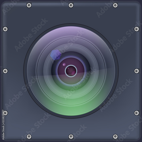 Camera lens with protection. Action camera covered protect glass. Protected execution. Lens with reflex closeup. Vector 3d illustration