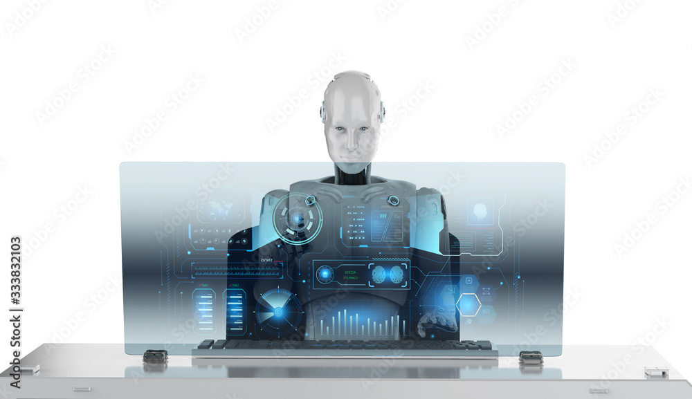 Naklejka premium Cyborg work on computer