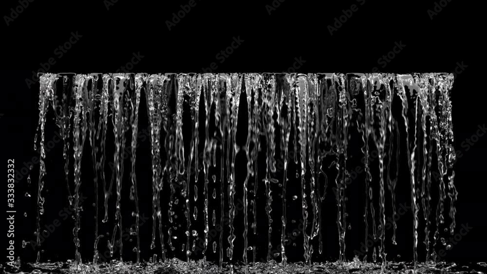 Close up Liquid Waterfall front view on black background. 3D animation with alpha channel. 4K.