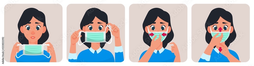 Woman with medical mask. Virus protection concept, young female is wearing mask from air pollution virus infection. Vector girl with respiratory protective mask set, like face correctly protecting Woman with medical mask. Virus protection concept, young female is wearing mask from air pollution virus infection. Vector girl with respiratory protective mask set, like face correctly protecting