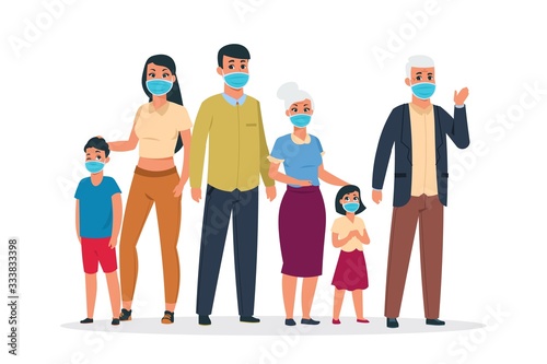 Family virus. Cartoon old and young characters wearing medical respirator masks for coronavirus and infection. Vector flue protection concept, wearing protective mask girl, child, women, men