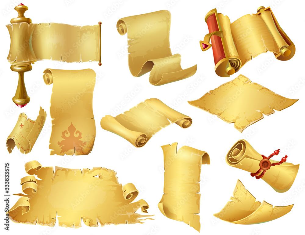 Cartoon scrolls. Ancient papyrus manuscripts and parchment, old paper scrolls for mobile and computer game. Vector vintage rolled paper, like element computer gaming on white backgroun
