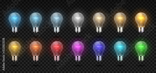 Light bulb. Realistic glowing incandescent and LED lamp from cold to white and warm light, RGB color lights. Vector electric garland 3D light bulb set for concept lighted corporate objects