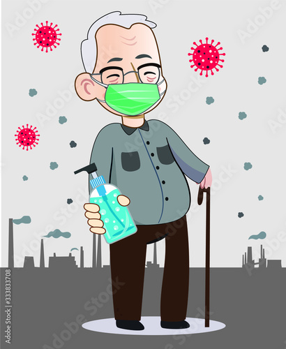  Illustration, vector, a grandfather wearing a mask and hand washing gel, in a poisonous city
