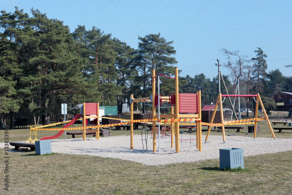 During quarantine due to the COVID-19 pandemic, it is forbidden to use public children playground and sports simulators During quarantine due to the COVID-19 pandemic, it is forbidden to use public children playground and sports simulators