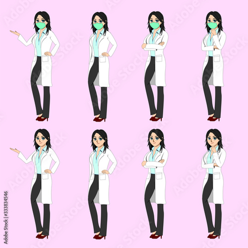 Vector illustration of a female doctor wearing a mask and coat. It has eight gestures on the pink background.