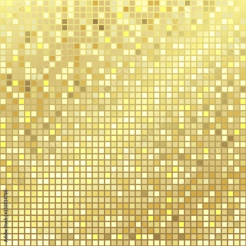Shining disco mosaic square gold background. Isolated abstract graphic design template. Golden color pixels. Modern digital yellow pattern. Holiday shiny creative decoration. Medal royal elements
