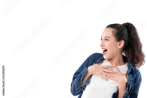 Dance move along music melody of beautiful attractive asian female shake move body hand gesture with fun and happiness big smile casual costume white background