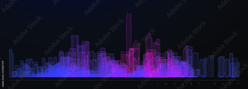 Night city illustration with neon glow colors. illustration with architecture, skyscrapers, megapolis, buildings, downtown. Landscape template background. Color art line vector
