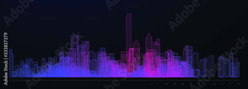 Night city illustration with neon glow colors. illustration with architecture, skyscrapers, megapolis, buildings, downtown. Landscape template background. Color art line vector