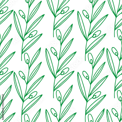 Outline olive branch pattern isolated on white. Doodle kids hand drawing art. Italy country symbol. Big olive branch with fruits. Sketch food. Vector stock illustration © Iryna