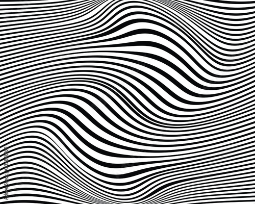 Line art optical art. Psychedelic background. Monochrome background. Optical illusion style. Black dark background. Modern pattern. Abstract graphic texture. Graphic ornament. Vector template © dexdrax