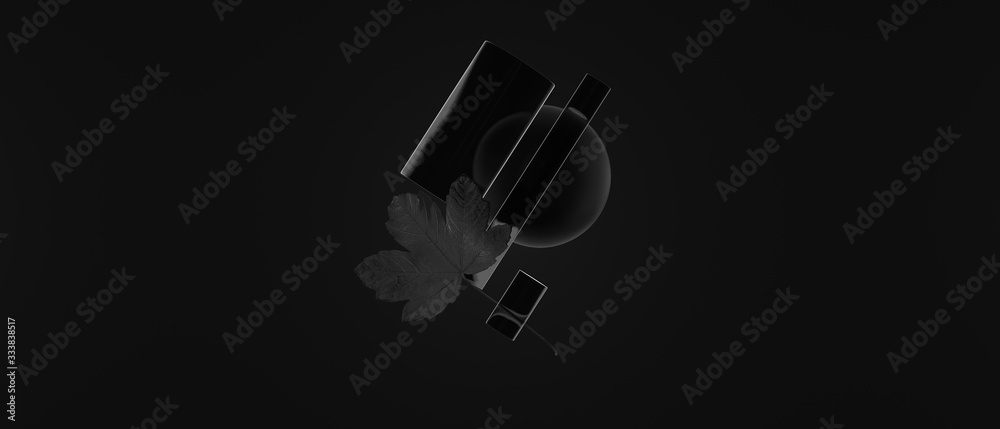 3D rendering abstract dark background, cylinders and a ball in a black hole levitating, flying in the air. Horizontal elegant website header.