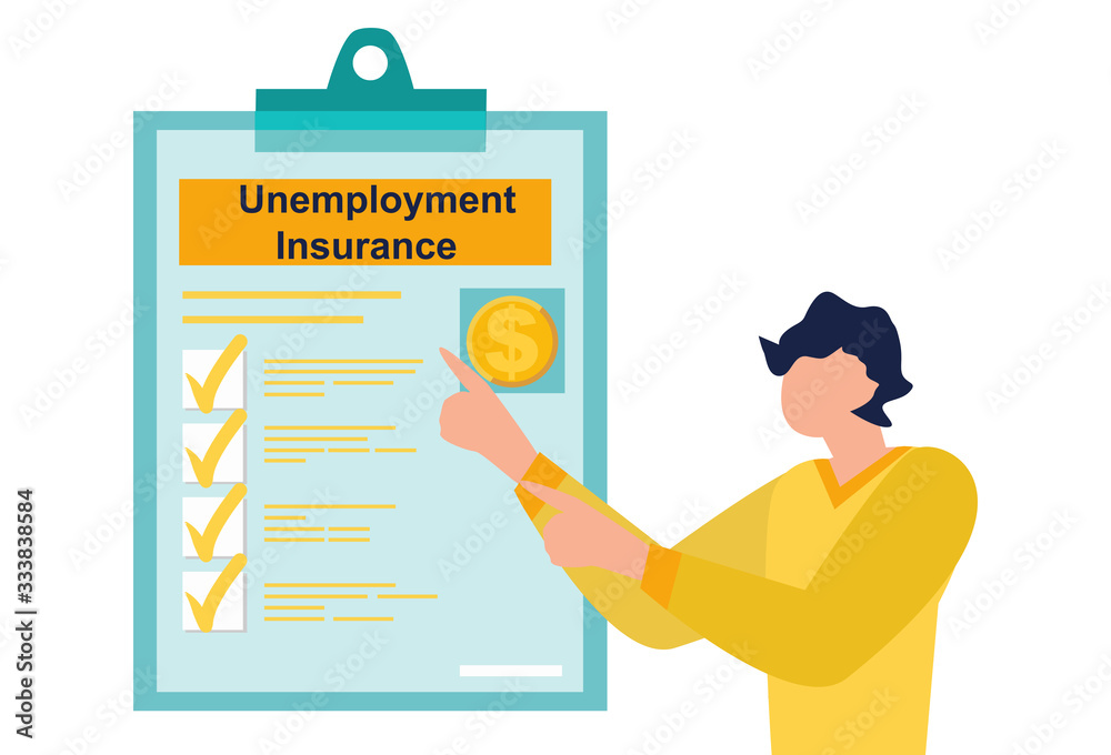 Unemployment insurance benefits in the coronavirus stimulus package. File a claim for Unemployment Insurance. Business man is looking on document on a clipboard paper. Flat Vector illustration.