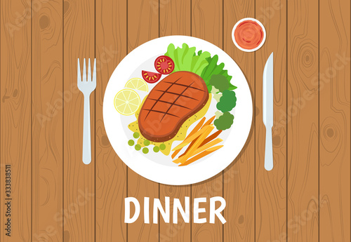 Vector illustration of dinner set on brown table wooden background