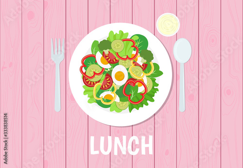 Vector illustration of lunch set on pink table wooden background