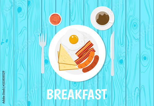 Vector illustration of breakfast set on blue table wooden background