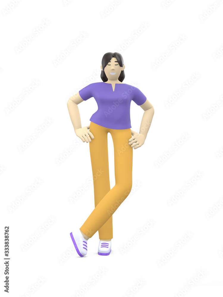 3D rendering character of an Asian girl standing in a free pose. Happy cartoon people, student, businessman. Positive illustration is isolated on a white background. 3D rendering character of an Asian girl standing in a free pose. Happy cartoon people, student, businessman. Positive illustration is isolated on a white background.