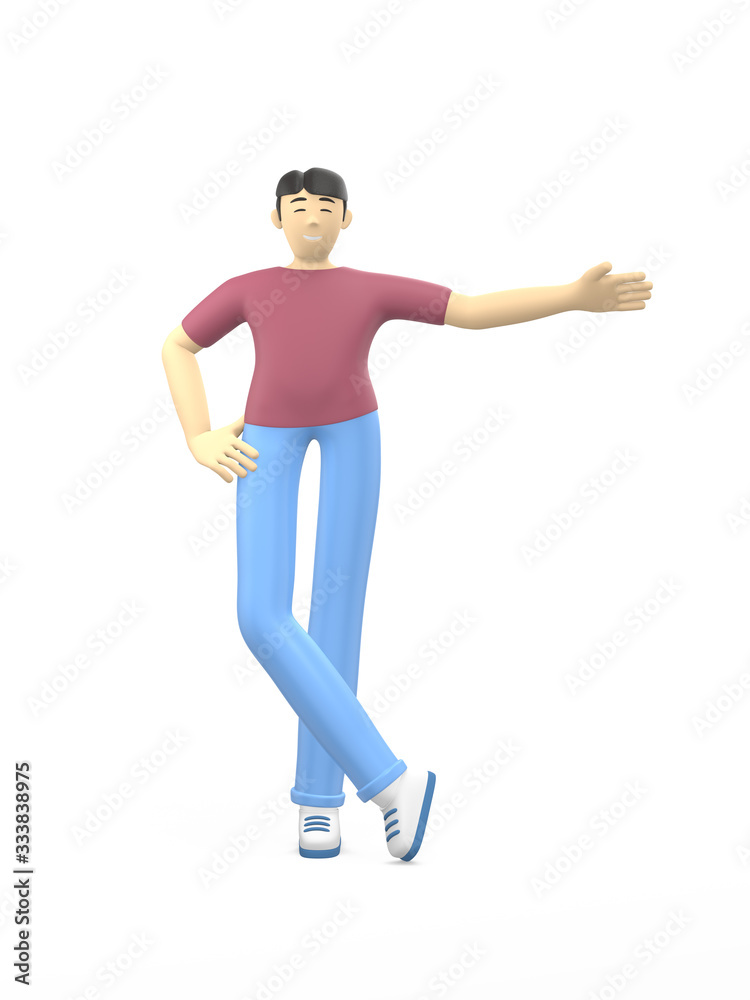 3D rendering character of an asian guy hand to side. Place for text, layout, template, clean empty space. Positive illustration is isolated on a white background.