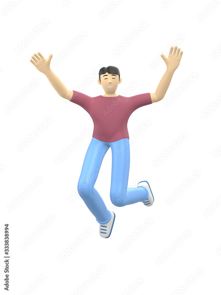 3D rendering character of an Asian guy jumping and dancing holding his hands up. Happy cartoon people, student, businessman. Positive illustration is isolated on a white background.