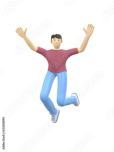 3D rendering character of an Asian guy jumping and dancing holding his hands up. Happy cartoon people, student, businessman. Positive illustration is isolated on a white background.