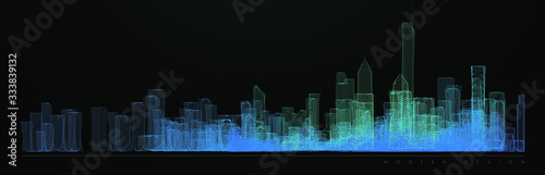 Night city illustration with neon glow colors. illustration with architecture, skyscrapers, megapolis, buildings, downtown. Landscape template background. Color art line vector