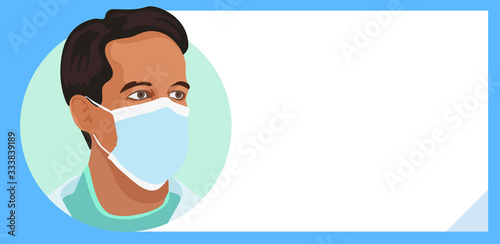 Vector design template with doctor. Medic wearing face mask. About COVID-19.