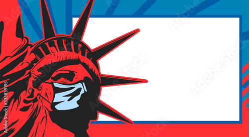 Statue of Liberty resists coronavirus by wearing a face medical mask. Vector image. COVID 19 dange