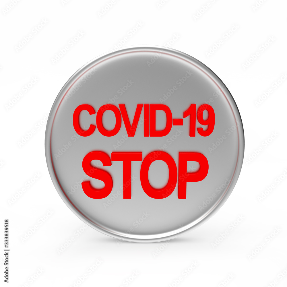 Round warning sign with a red Stop Covid-19 coronavirus symbol isolated on a white background. Round warning sign with a red Stop Covid-19 coronavirus symbol isolated on a white background.