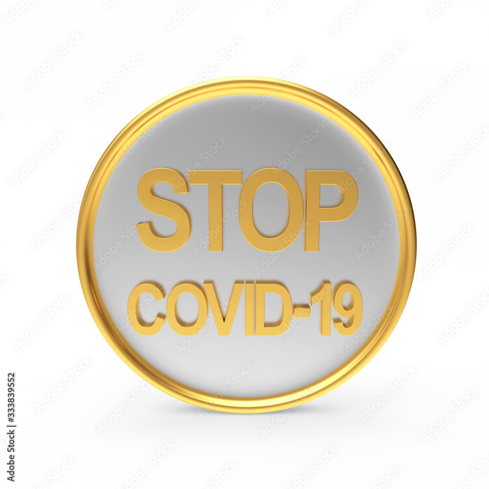 Round warning sign with a golden Stop Covid-19 coronavirus symbol isolated on a white background. Round warning sign with a golden Stop Covid-19 coronavirus symbol isolated on a white background.