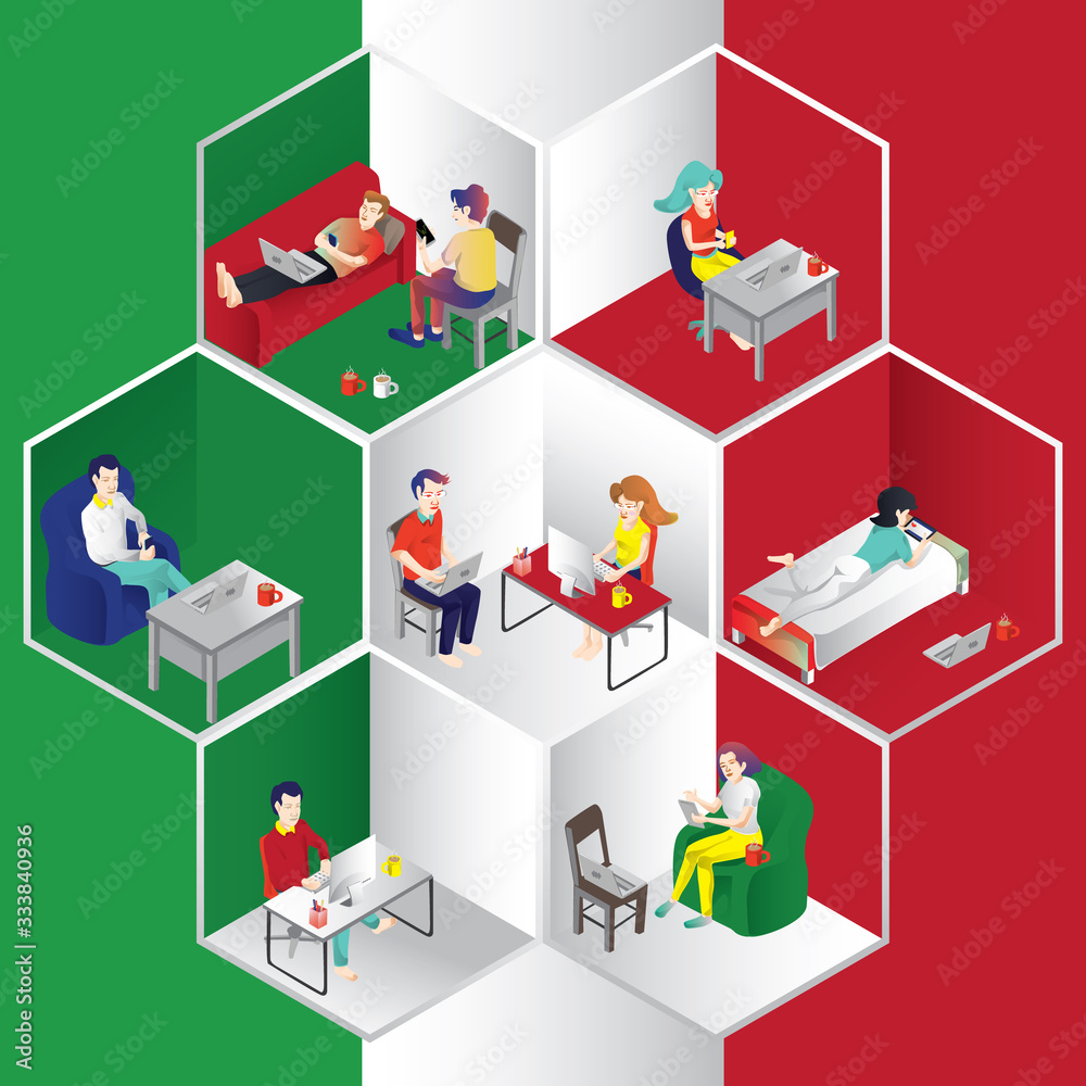 Obraz premium Stay at home Quarantine Concept, People keeping distance for infection risk and disease, man and woman use laptop and computer to learning, prevent virus Covid-19 or Corona virus novel. itlay flag 