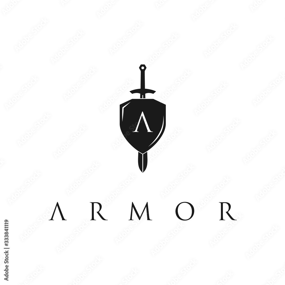 Obraz premium Knight Shield Armor Sword with Initial Letter A logo design template