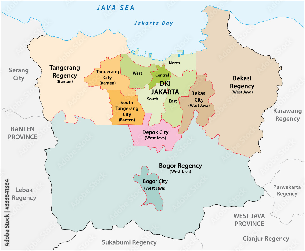 Administrative vector map of the Jakarta metropolitan area, the most populous metropolitan area in Indonesia