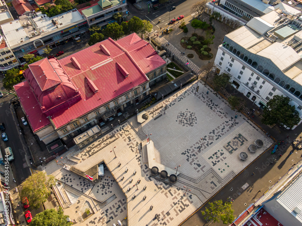 Beautiful aerial view of the Cultural plaza and the National theater on the streets of  San Jose