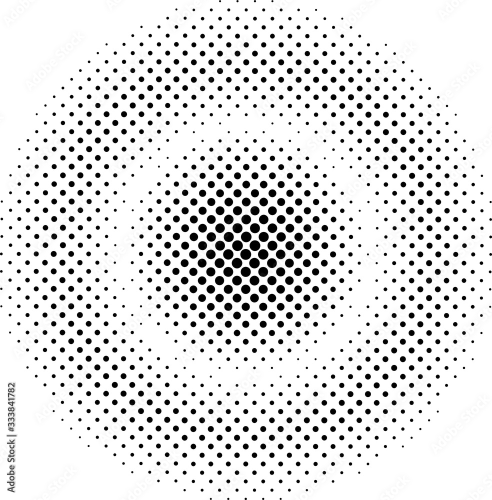 Dotted circle gradient vector illustration, white and black halftone background, horizontal seamless dotted lines, monochrome dots texture backdrop, retro effect