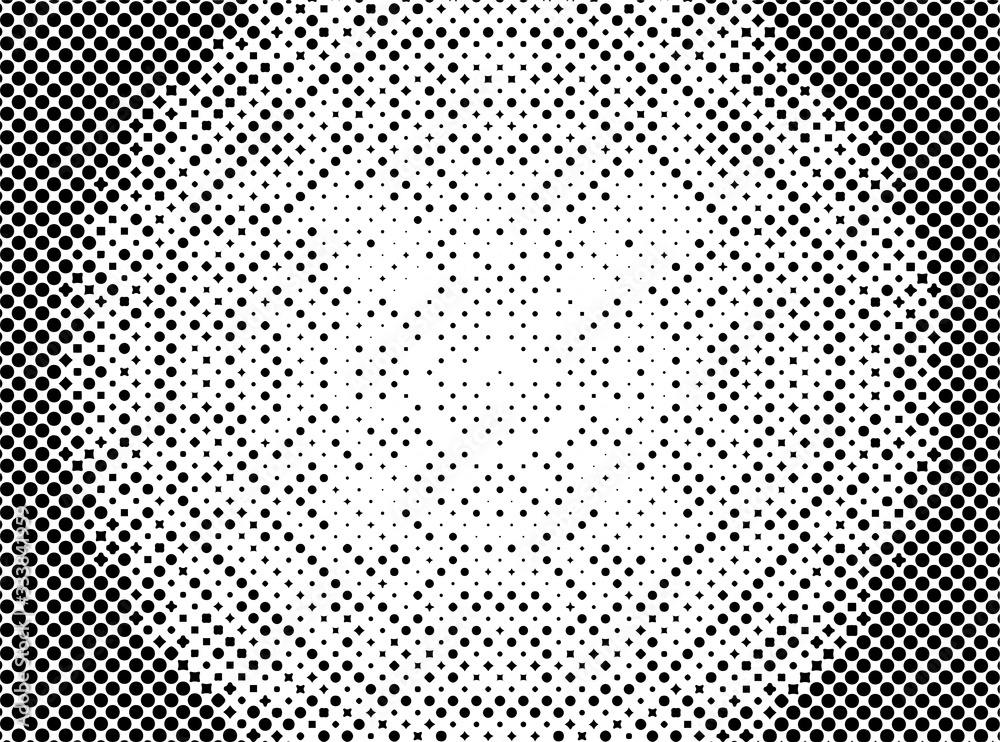Dotted circle gradient vector illustration, white and black halftone background, horizontal seamless dotted lines, monochrome dots texture backdrop, retro effect