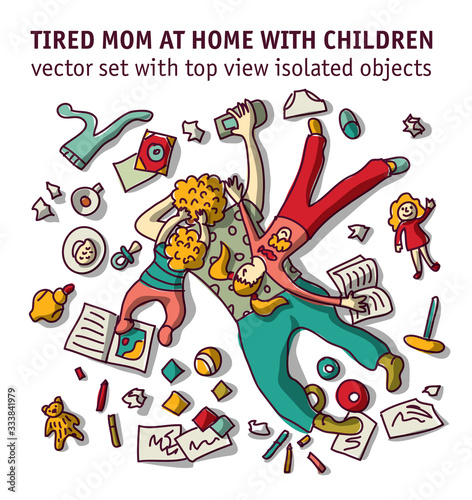 Tired mom home with children isolated objects set