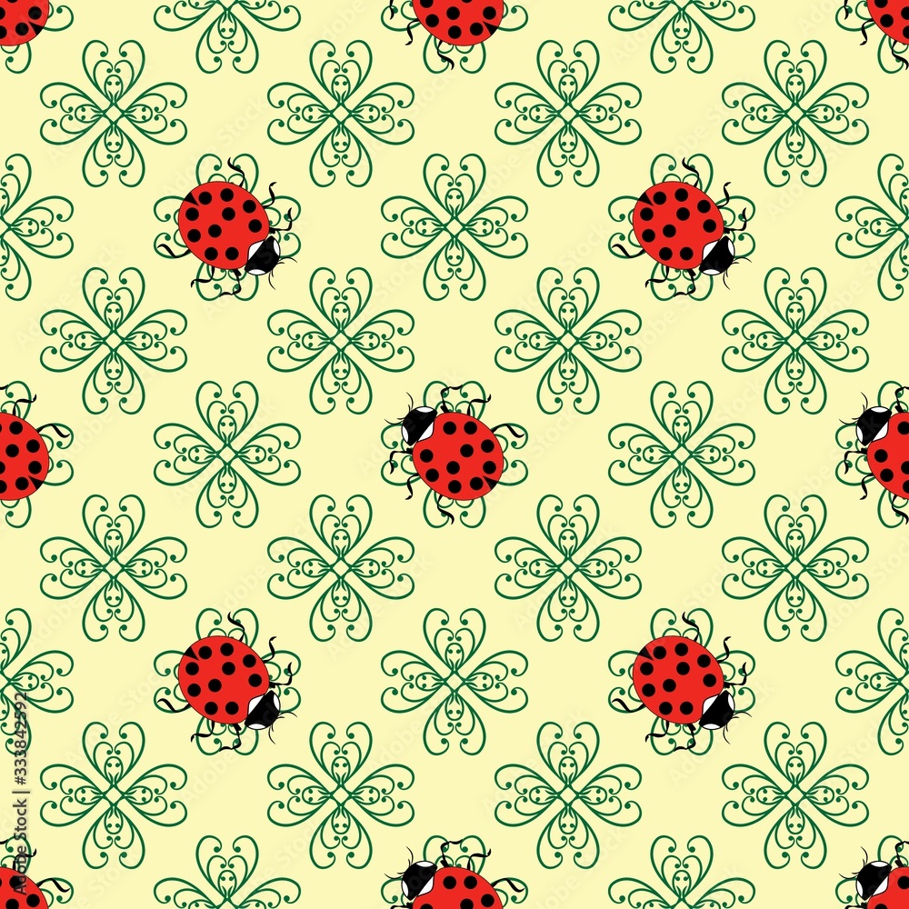 Ladybug on flower seamless pattern. Fashion graphic background design. Modern stylish abstract texture. Colorful template for prints, textiles, wrapping, wallpaper, website, etc. Vector illustration.