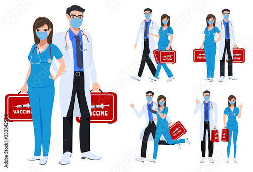 Medical staff character set vector concept design. Covid-19 front liners doctor and nurse characters fighting corona virus and holding vaccine isolated in white background. Vector illustration.