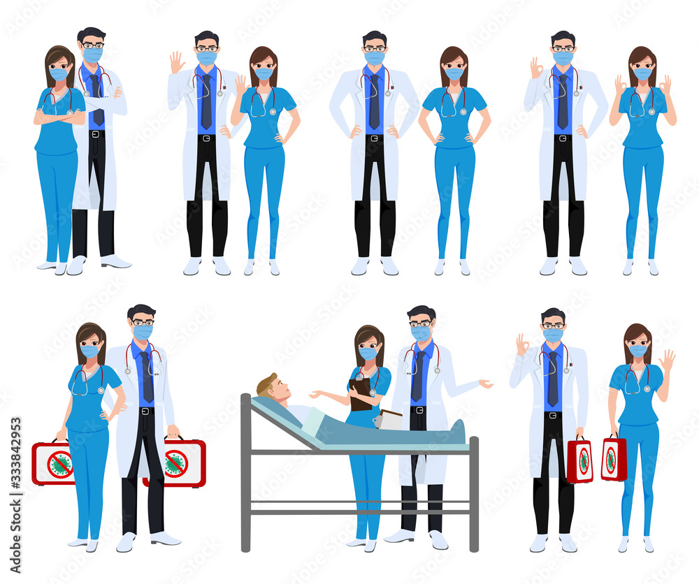 Medical staff set character vector concept design. Covid-19 hospital doctor and nurse characters with corona virus patient and holding cure medicine isolated in white background. Vector illustration. Medical staff set character vector concept design. Covid-19 hospital doctor and nurse characters with corona virus patient and holding cure medicine isolated in white background. Vector illustration.