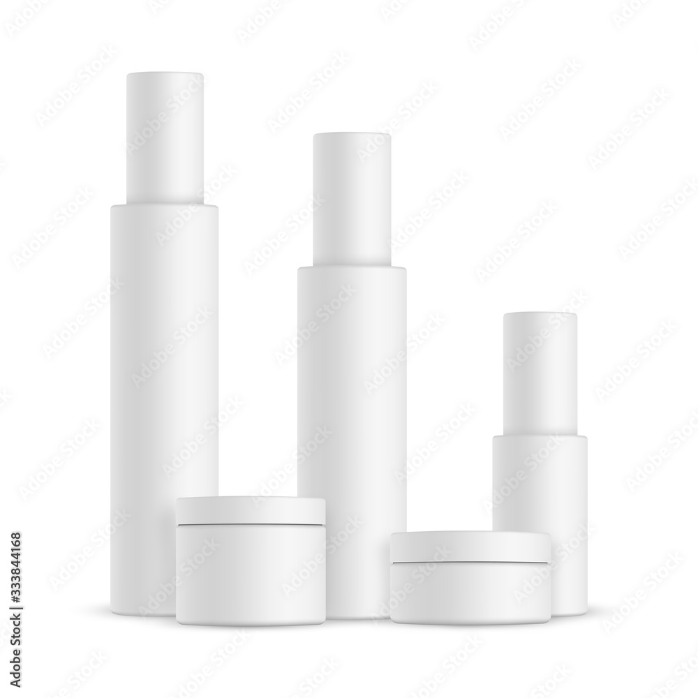 Cosmetic bottles and cream jars, isolated on white background. Vector illustration Cosmetic bottles and cream jars, isolated on white background. Vector illustration