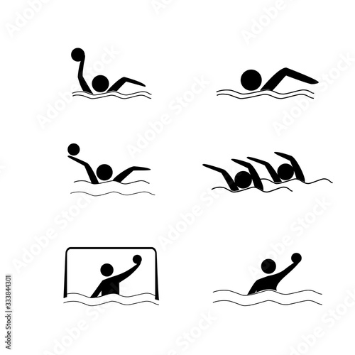 Water sports. Water polo set icon. Silhouette emblem of water polo. Logo professional sports in water. Monochrome template for poster, logo, ets. Design element. Vector illustration.