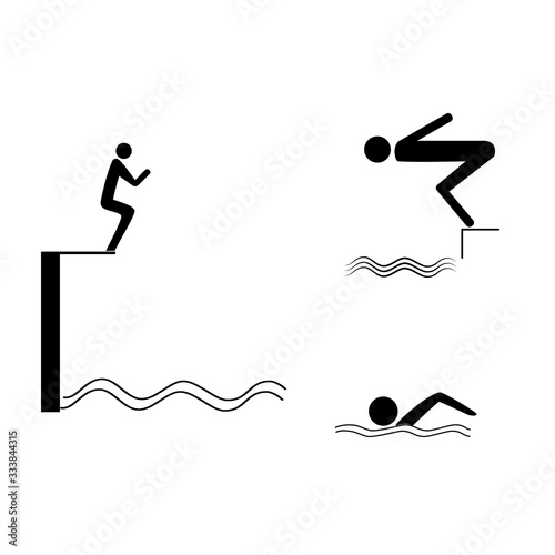 Sports. Place for jumping in water. Safety dive. Sign safeness on pool, beach, in river, sea. Warning of protection during jump in. Monochrome template for poster. Design element. Vector illustration.