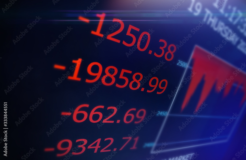 The coronavirus or covid-19 sinks the global stock exchanges concept.Marcro shot of led screen showing the collapse of the stock market due to the global Coronavirus virus crisis.