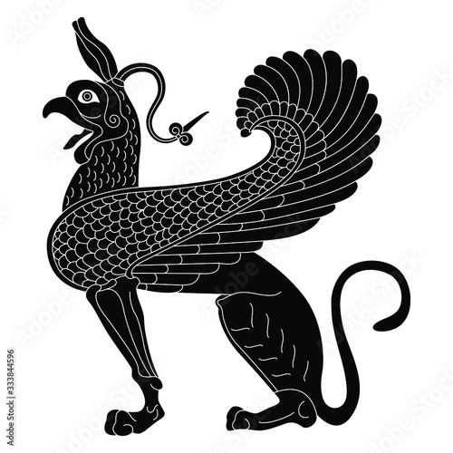 Isolated vector illustration. Winged antique griffin. Fantastic ancient Greek animal. Black and white linear silhouette.
