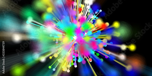 3d illustration abstract background speed of light. Speed light, neon particles with blurred rays in motion. Render colorful explosion, fireworks concept.