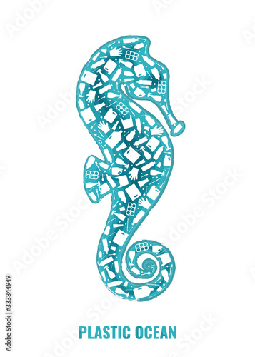 Plastic waste ocean environment problem concept vector illustration. Seahorse marine fish outline filled with plastic trash flat icons. Sustainable lifestyle graphic, environmental protection concept